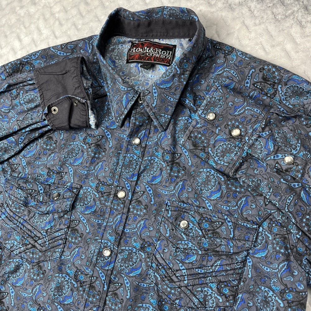 Rock & Roll Cowboy Western Shirt Mens L Blue Paisley Damask Pearl Snap Flip Cuff